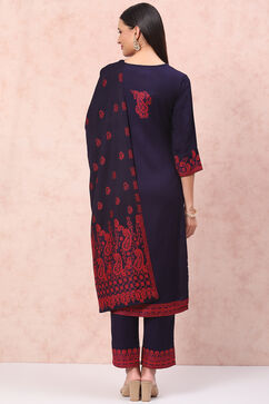 Navy Blue Art Silk Straight Suit Set image number 4