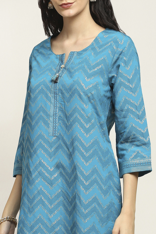 Aqua Viscose Blend Printed Straight Kurta image number 1