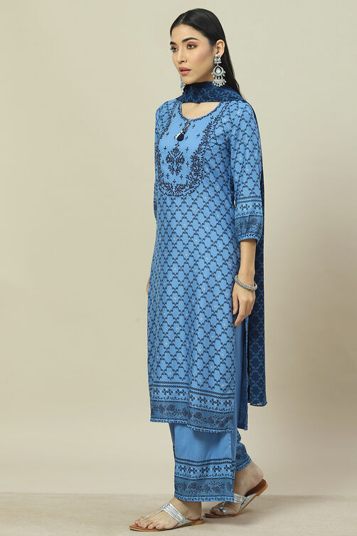 Blue LIVA Woven Straight Kurta Suit Set image number 5