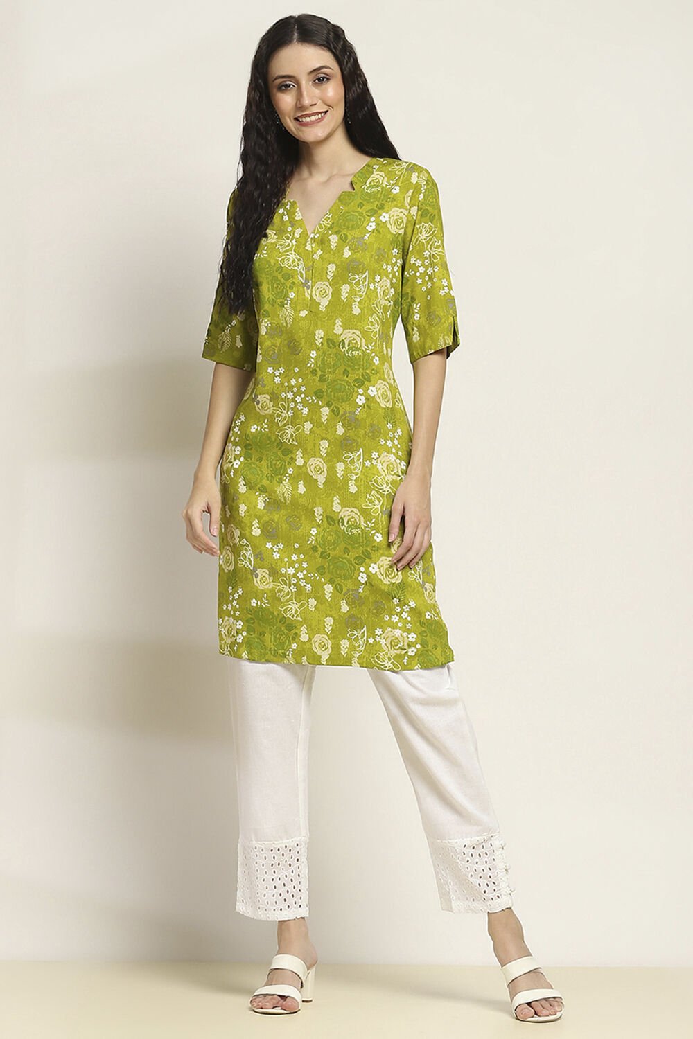 Lime Green Printed Straight Kurta image number 5