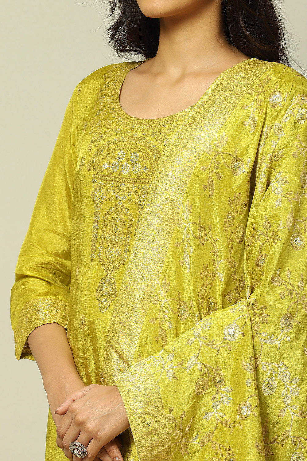 Green Viscose Blend Yarn Dyed Straight Festive Suit Set image number 1