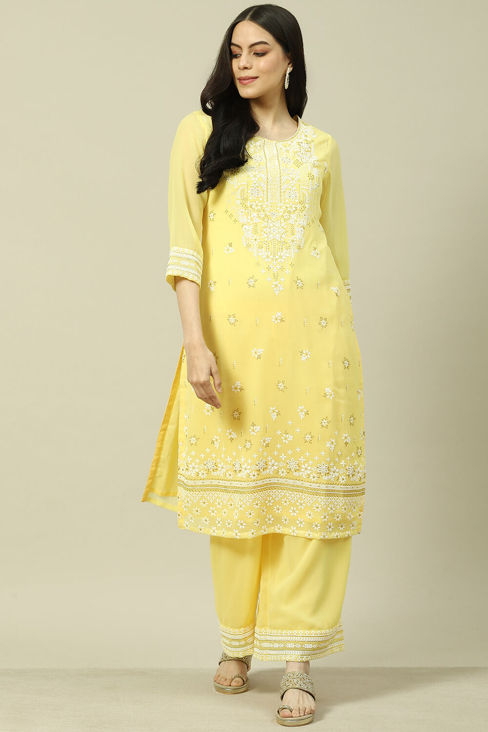 Yellow Cotton Blend Straight Kurta image number 5