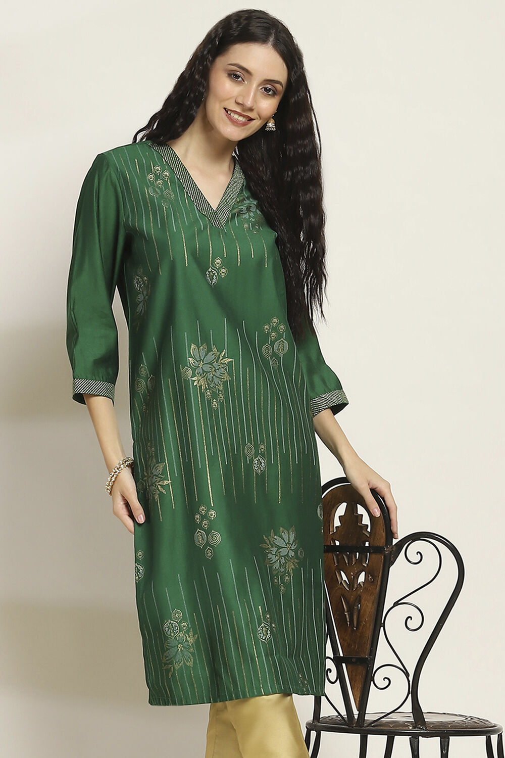Green Printed Straight Kurta image number 6
