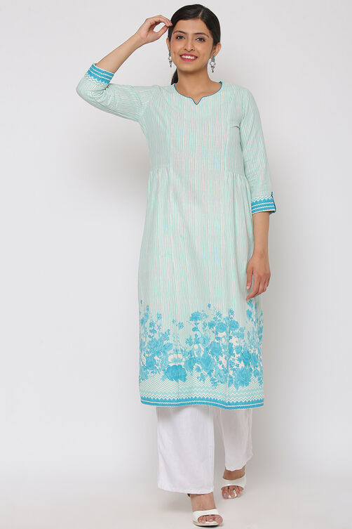 Turquoise Cotton Straight Kurta image number 0