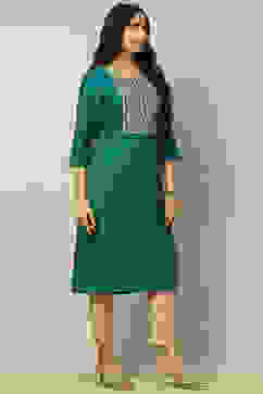 Green Viscose Blend Yoke Design Festive Straight Kurta image number 4