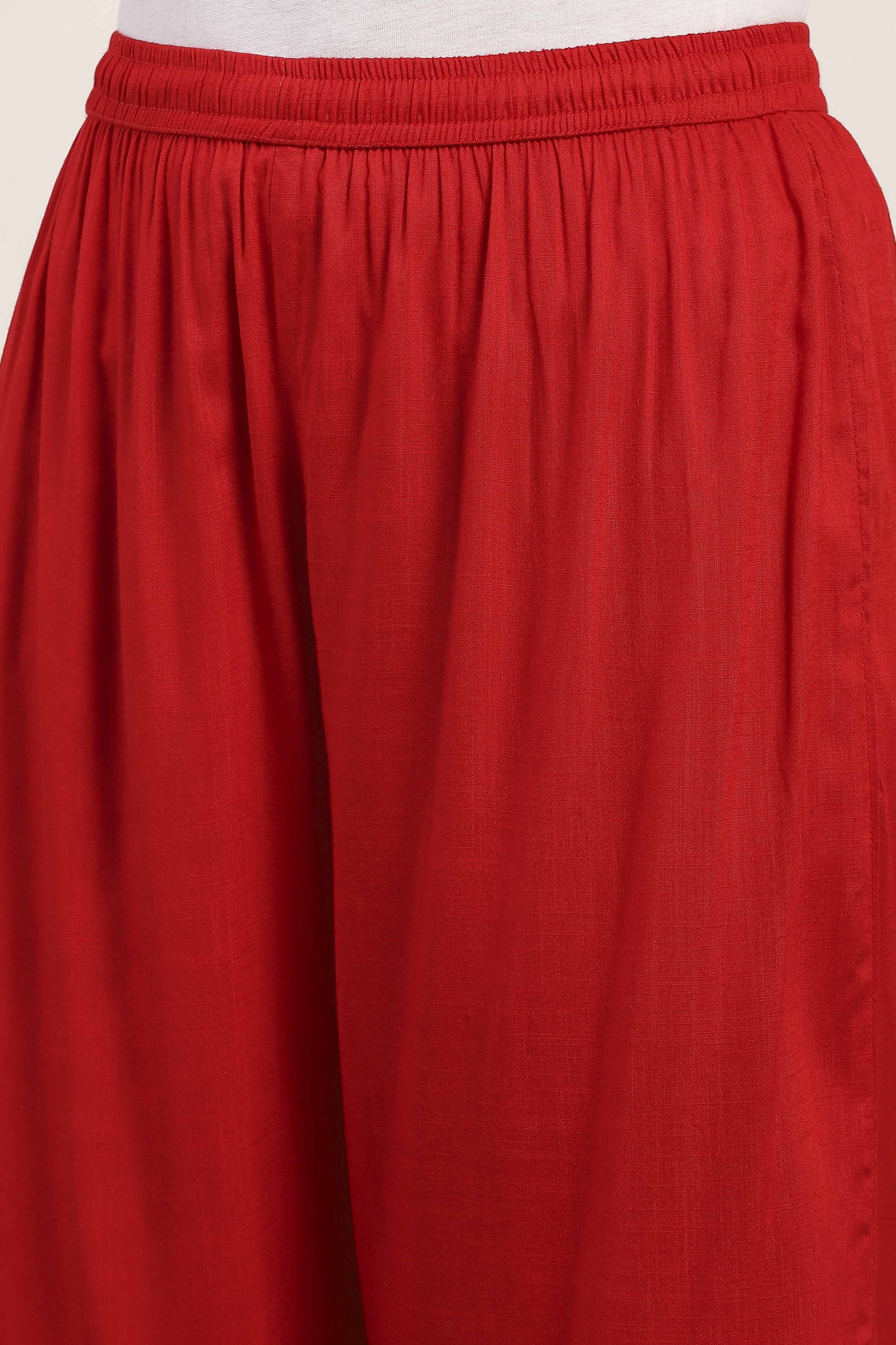 Red Viscose Polyester Viscose Rayon Kurta Pants Set image number 2