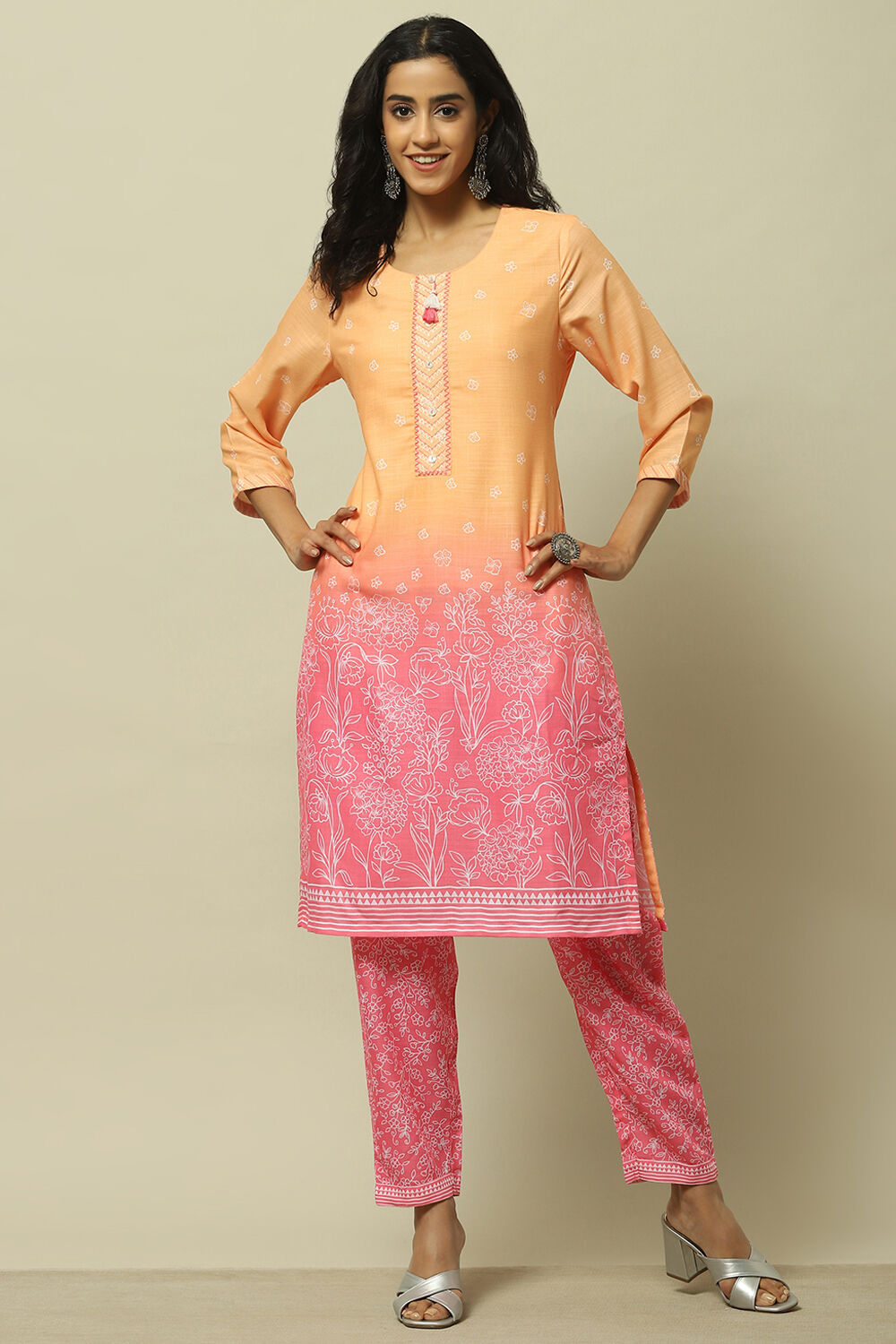 Orange Pink Ombre Printed Straight Kurta Set image number 0