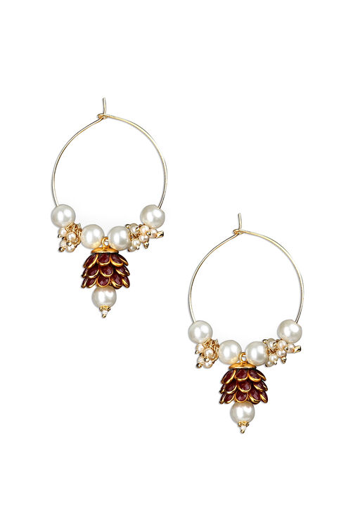 Maroon Earrings With Red Pachchi And Pearls image number 1