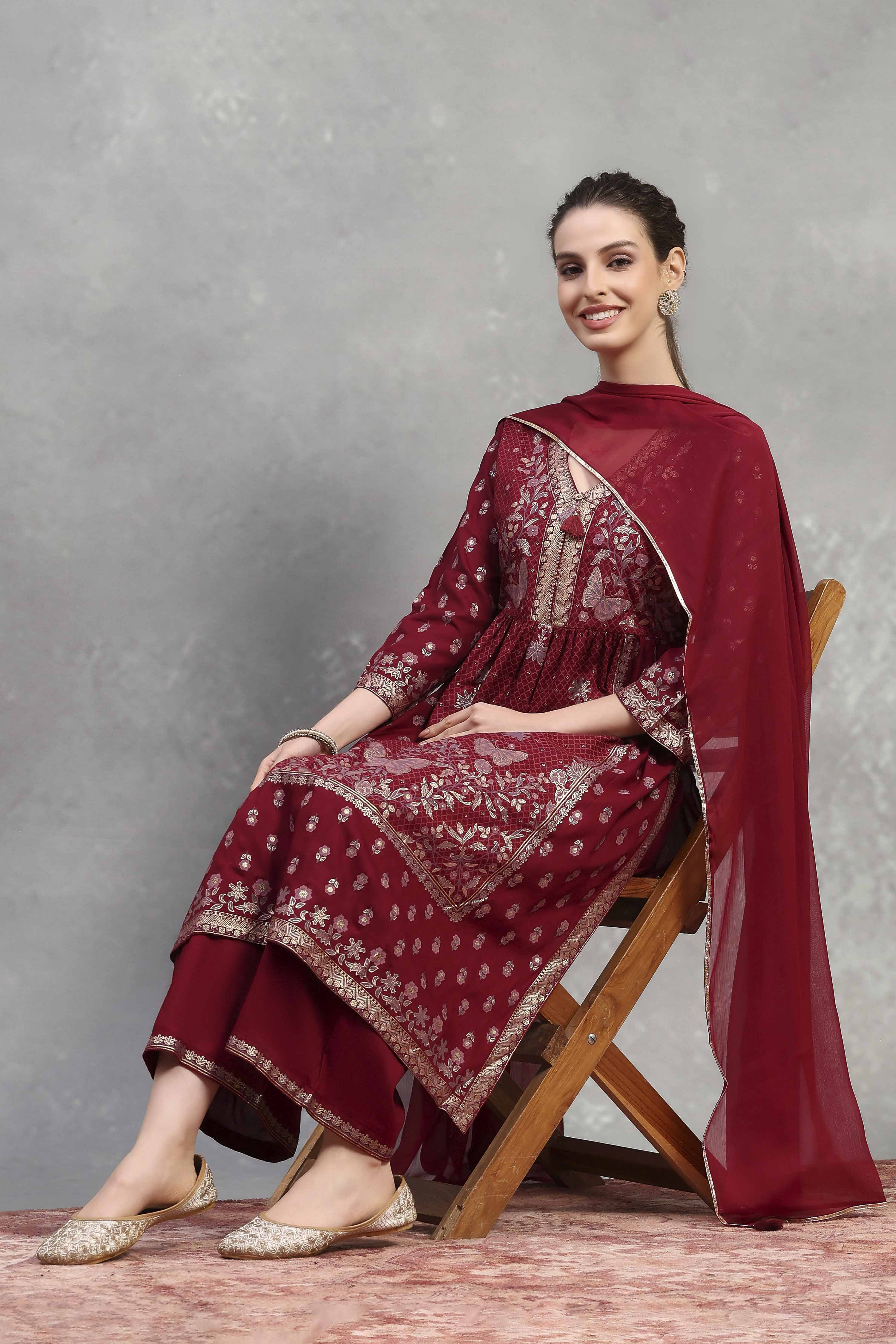 Green-Maroon Viscose Rayon Printed Gathered Suit Set image number 0