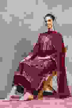 Green-Maroon Viscose Rayon Printed Gathered Suit Set image number 0