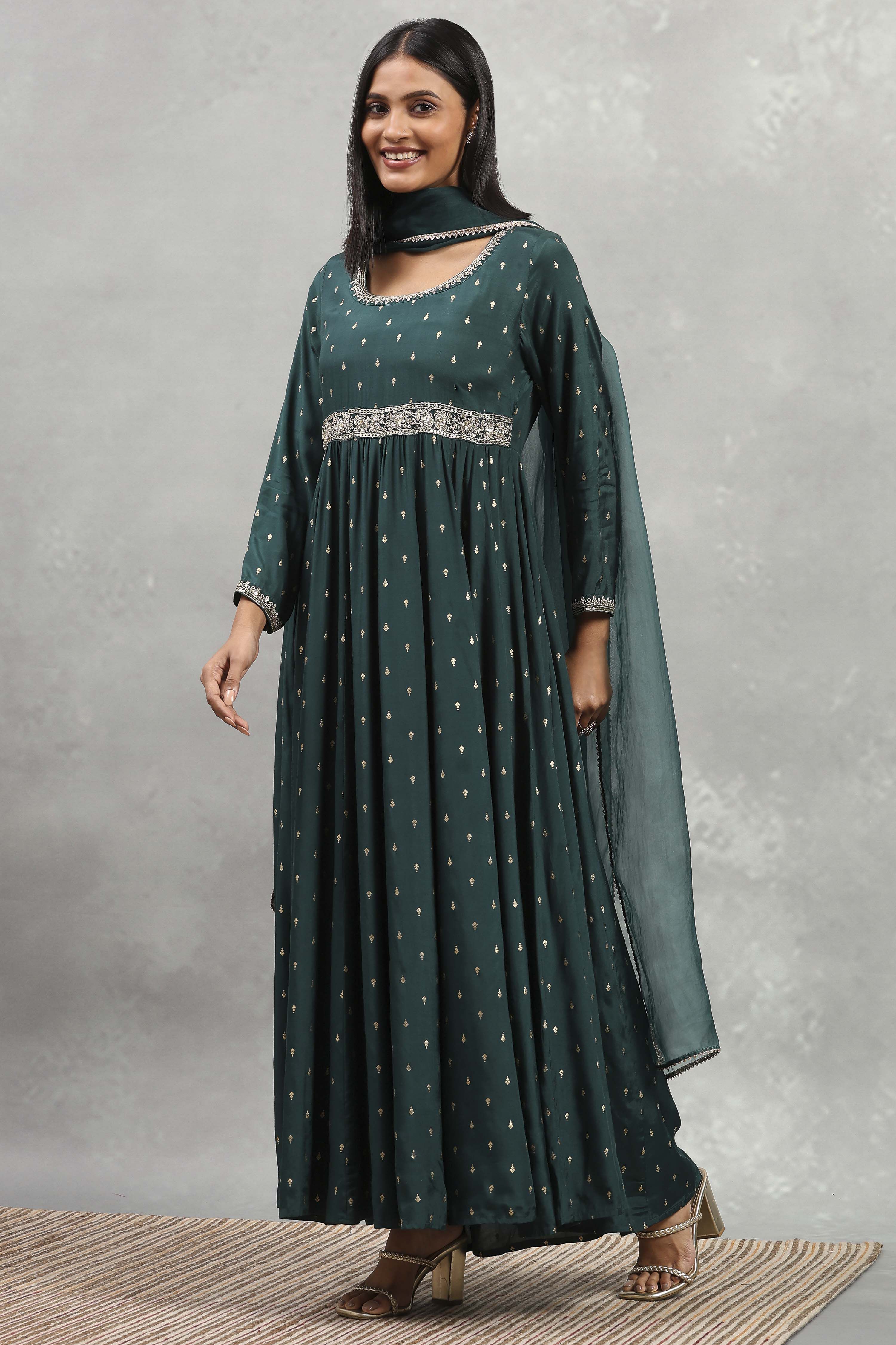 Green Viscose Rayon Printed Anarkali Dress image number 2