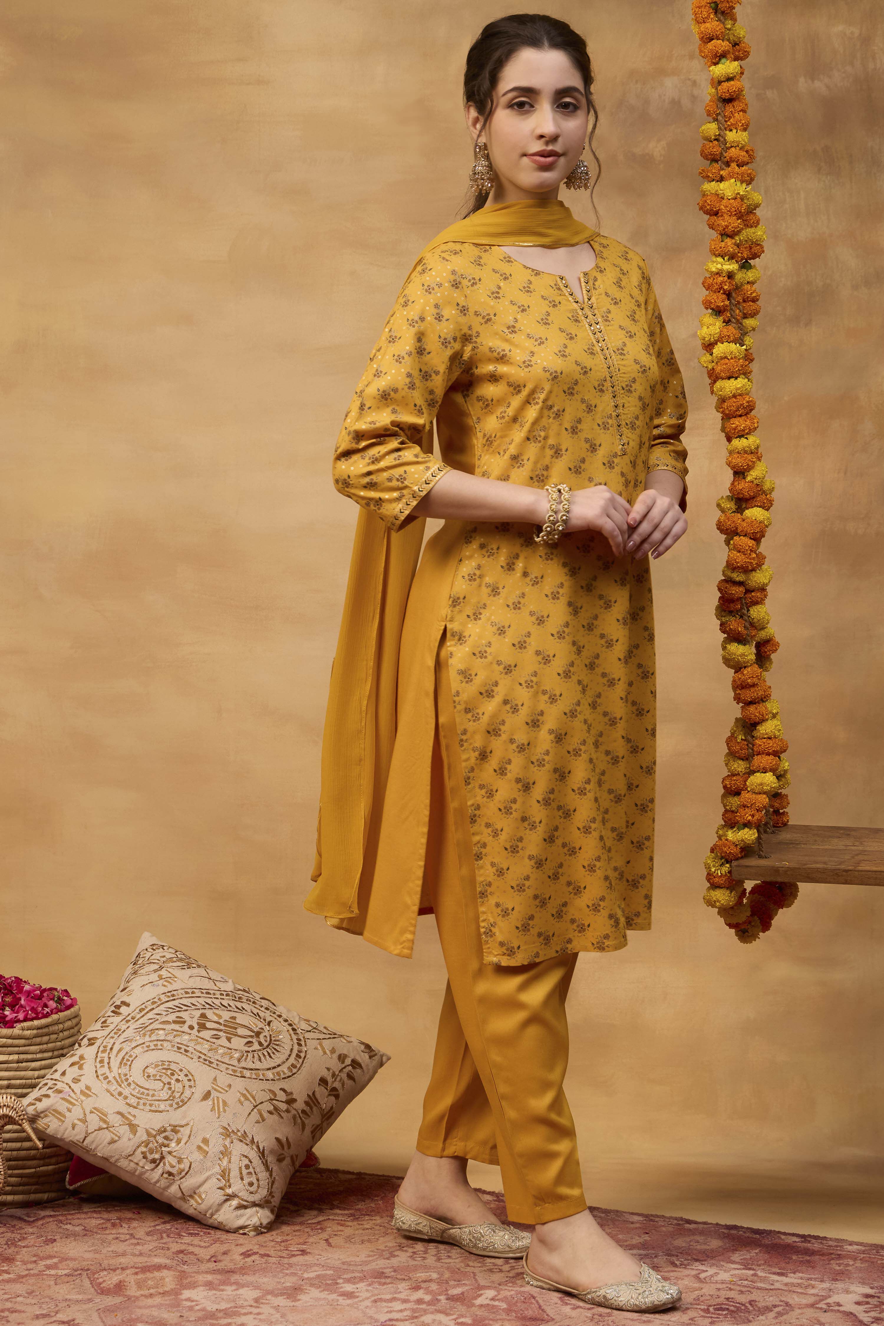 Yellow Viscose Rayon Straight Printed  image number 4