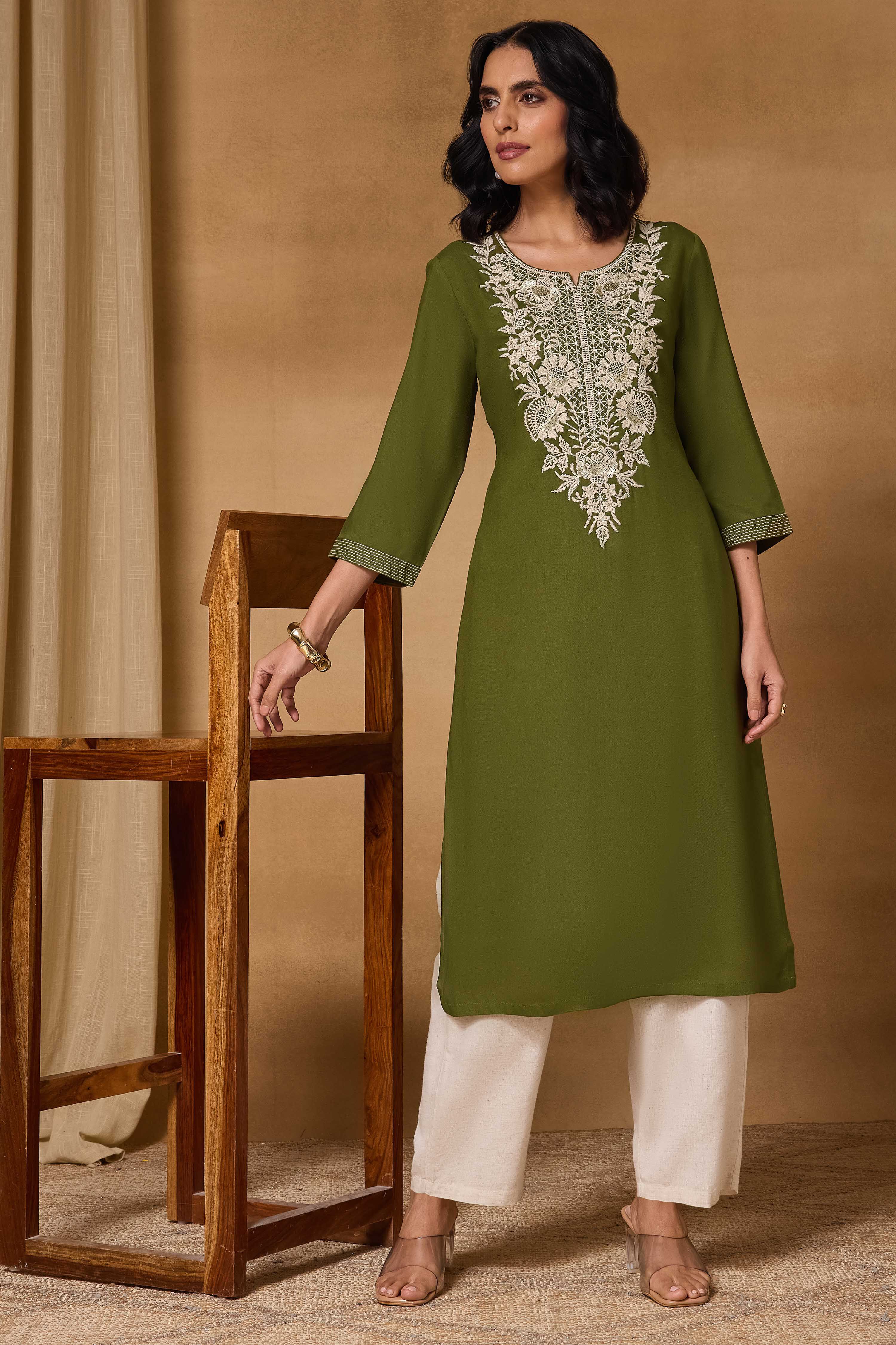 Olive Viscose Rayon Straight Printed Kurta image number 0