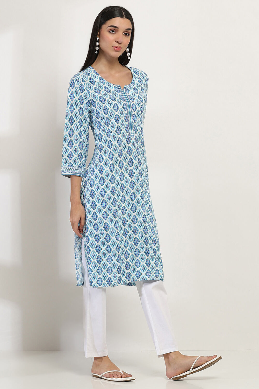 Blue Printed Straight Kurta image number 4