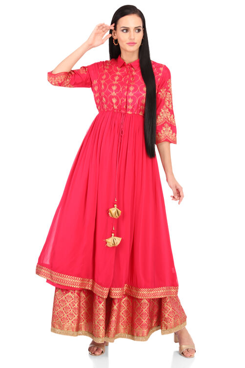 Pink Flared Viscose Kurta image number 4