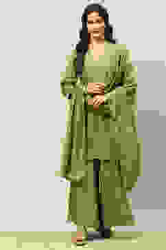 Golden-Olive Viscose Blend Straight Embroidered Kurta Sharara Suit Set image number 0