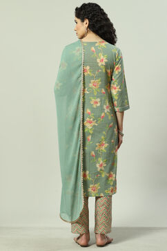 Green Cotton Blend Straight Suit Set image number 4