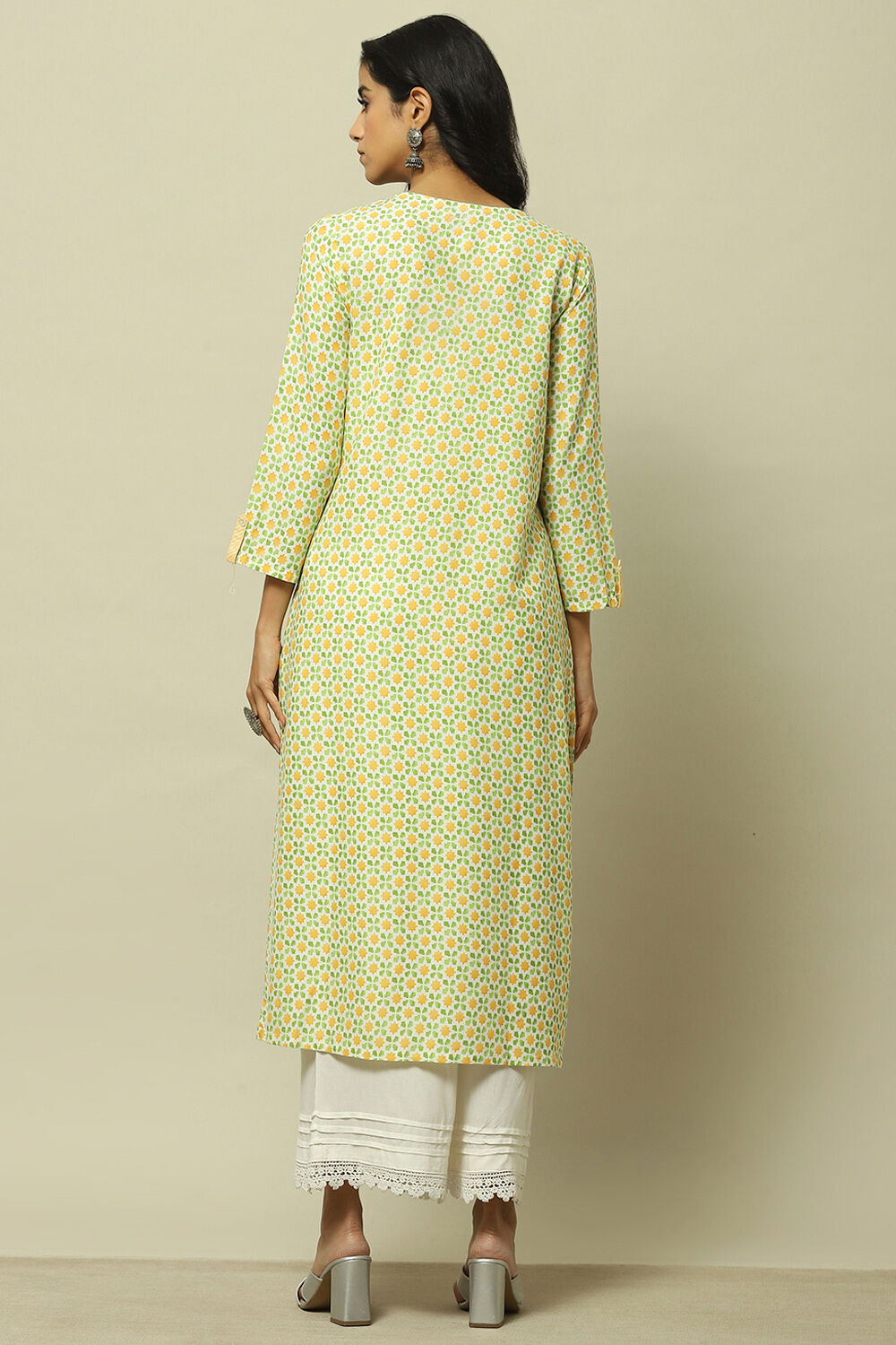 Lime Green Printed Straight Kurta image number 3