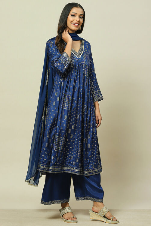 Indigo LIVA Woven Tired Kurta Suit Set image number 6