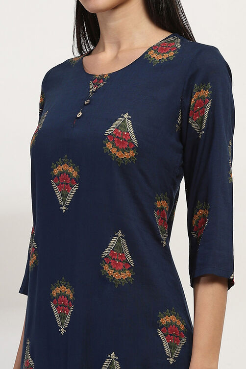 Navy Blue Viscose Rayon Straight SET image number 1