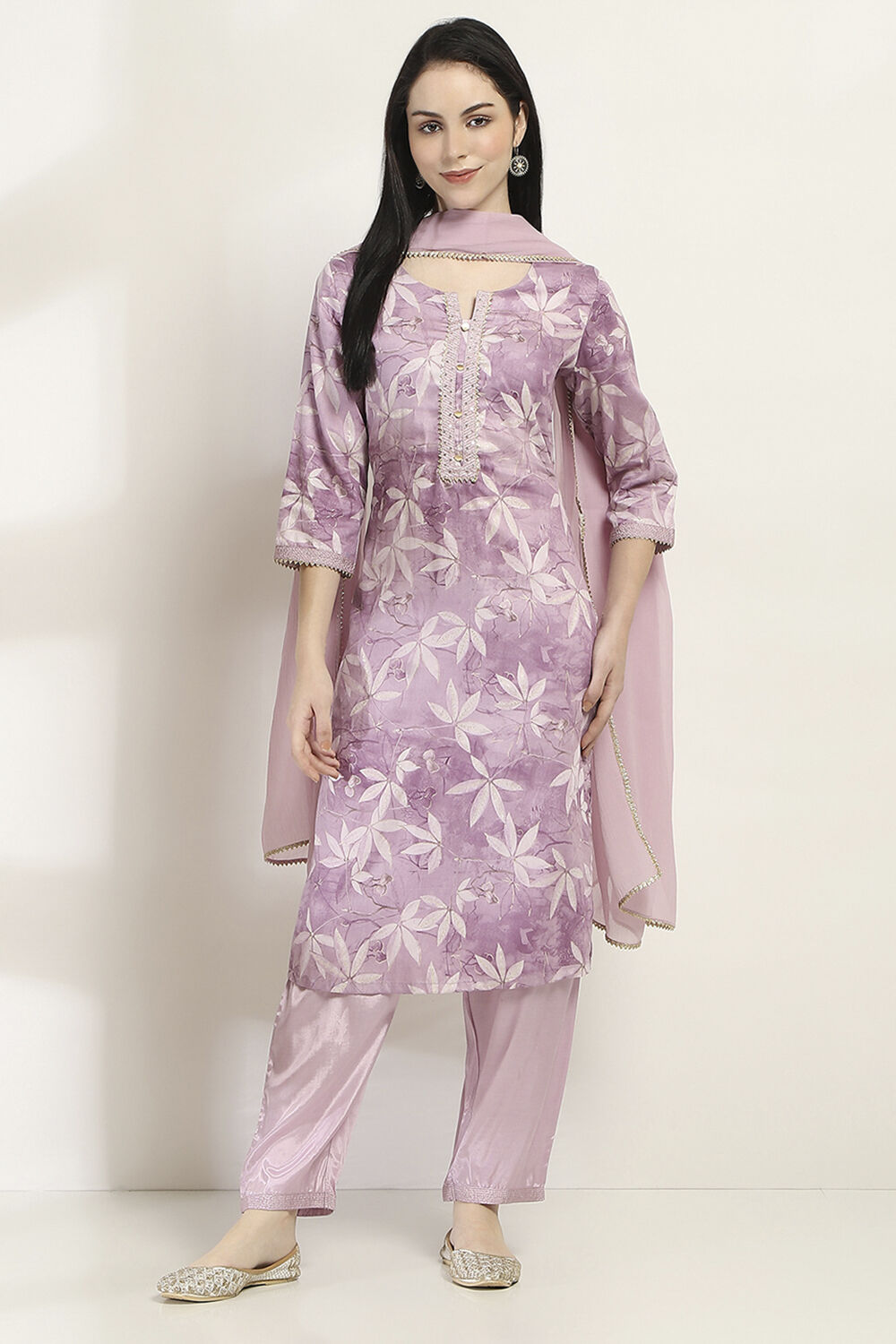 Mauve Cotton Floral Straight Suit Set image number 6