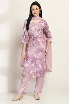 Mauve Cotton Floral Straight Suit Set image number 6
