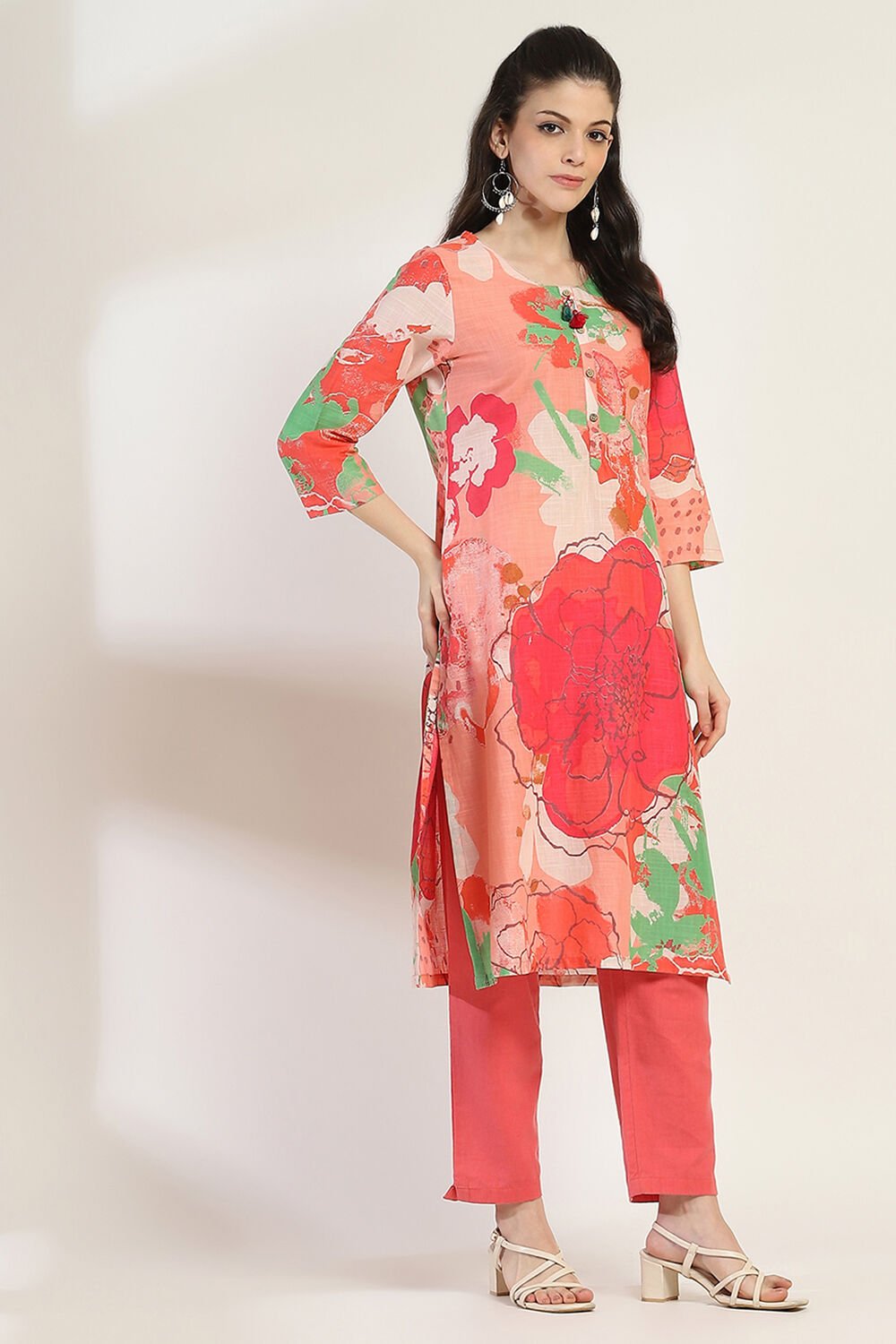 Aqua Cotton Printed Straight Kurta image number 4