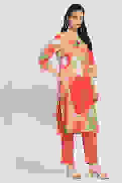 Coral Cotton Printed Straight Kurta image number 4