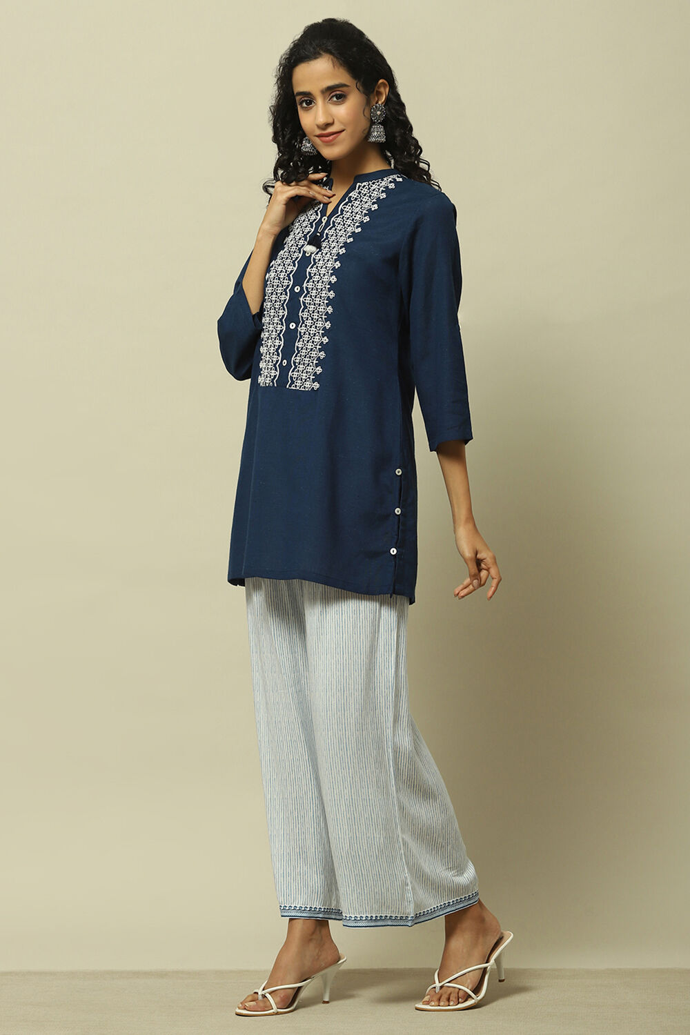 White and Blue Viscose Striped Straight Fit Palazzo image number 0