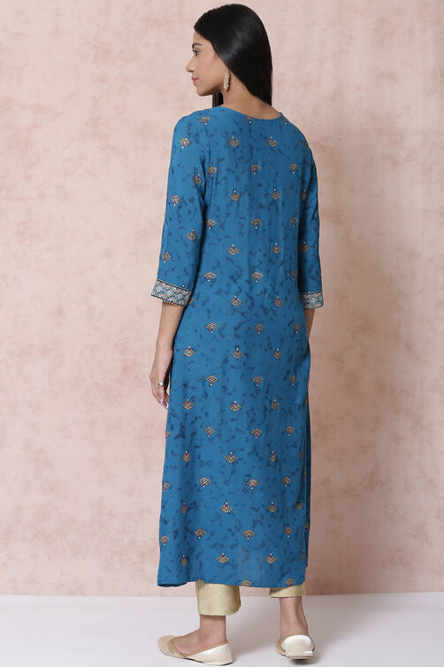 Petrol Blue LIVA A Line Kurta image number 4