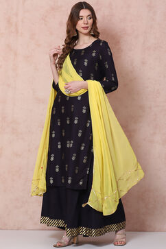 Navy Blue Straight Printed Suit Set image number 7