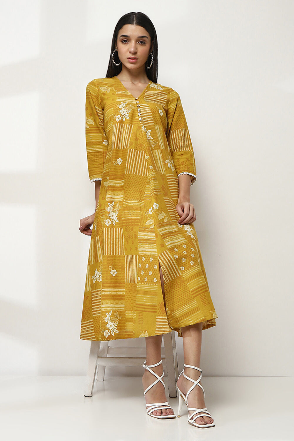 Yellow Cotton Printed Flared Dress image number 0