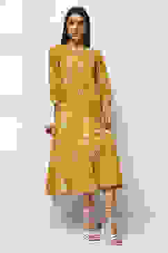 Yellow Cotton Printed Flared Dress image number 0