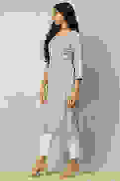 Grey Viscose Blend Striped Straight Kurta image number 2