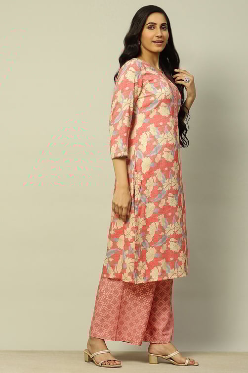 Coral Floral Printed Straight Kurta Palazzo Set image number 5