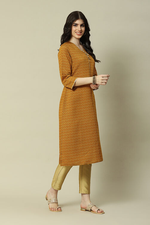 Mustard LIVA Straight Printed Kurta image number 3