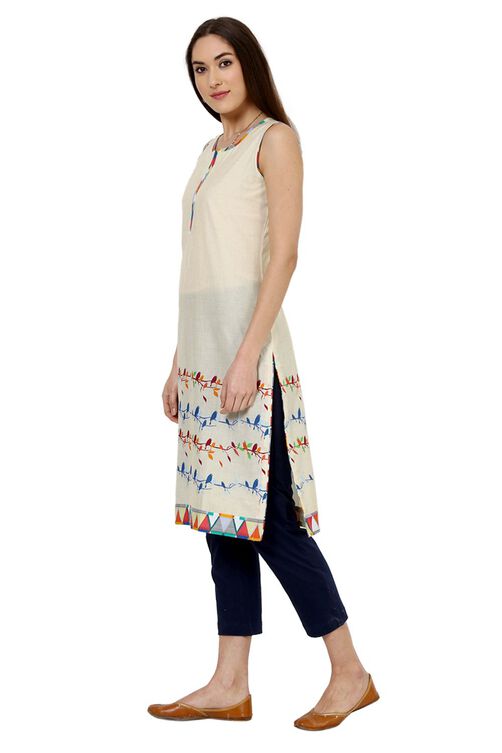 Beige Straight Cotton Kurta image number 2