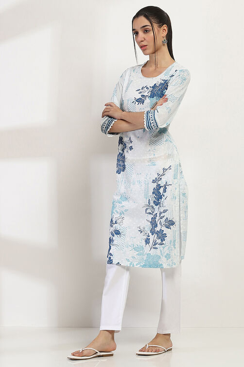 Off-White and Green Cotton Straight Kurta image number 2