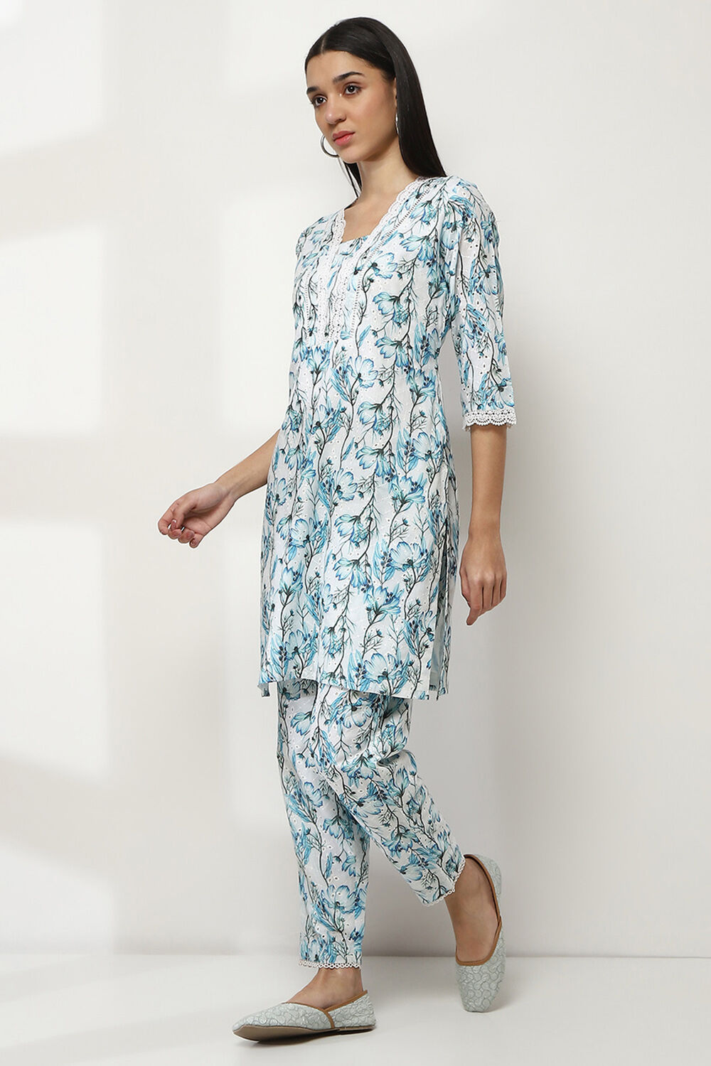 White and Blue Cotton Straight Co-ord Set image number 3