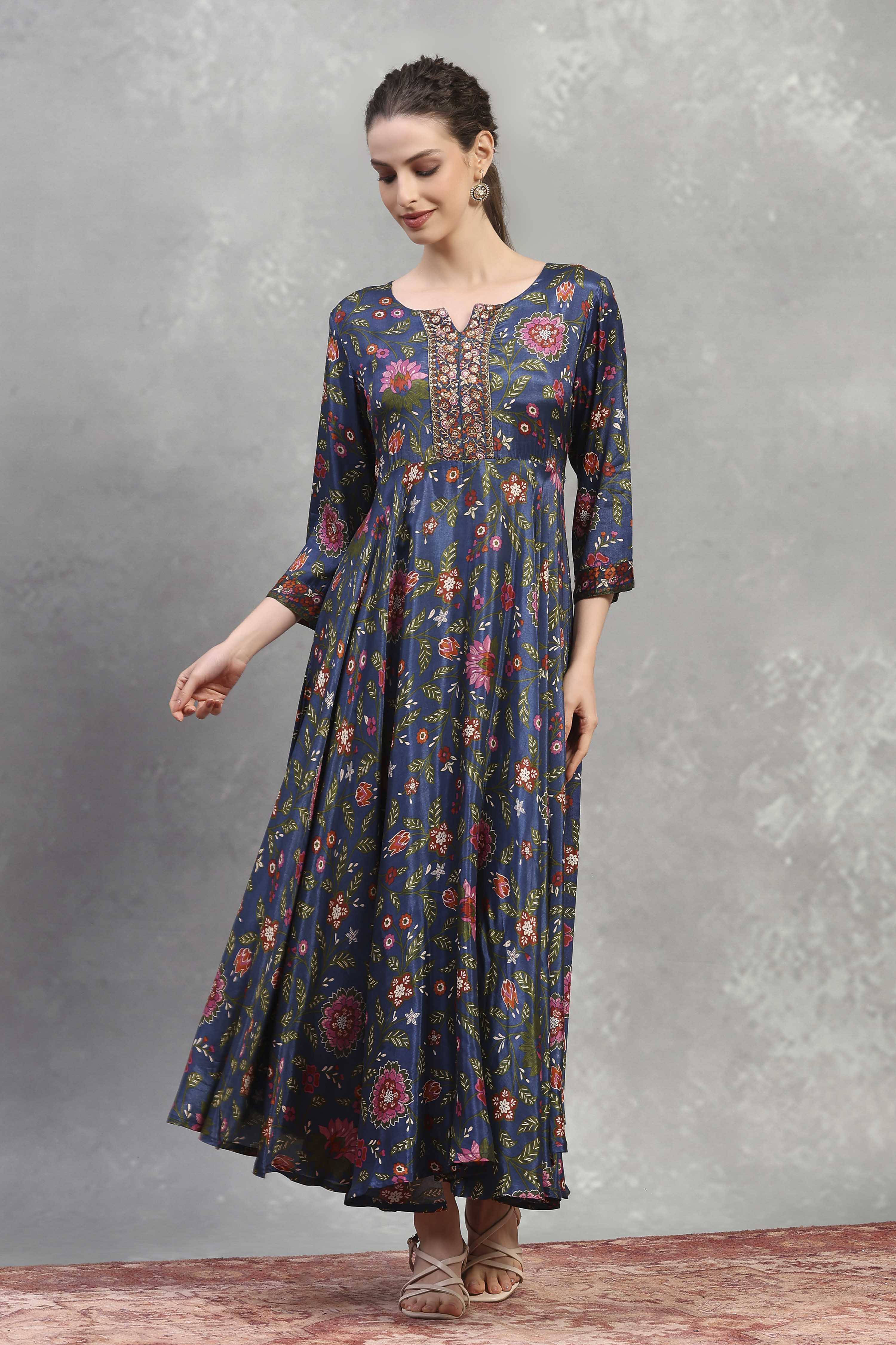 Blue Viscose Rayon Printed Flared Dress image number 5