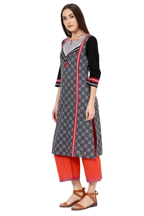 Black Straight Cotton Kurta image number 2