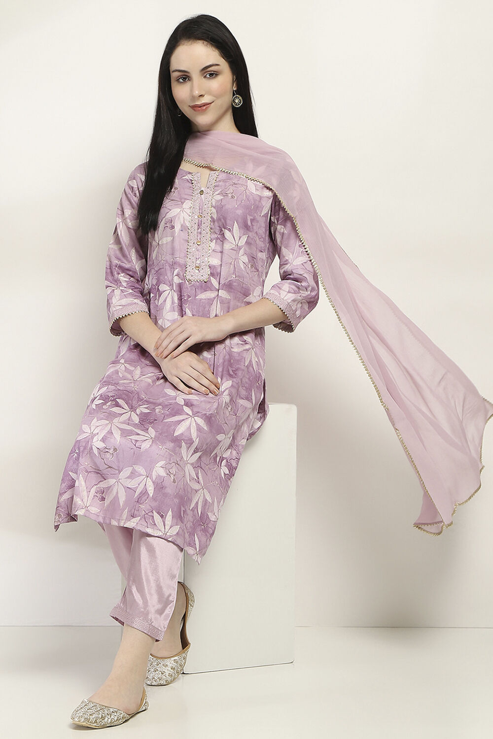 Mauve Cotton Floral Straight Suit Set image number 0