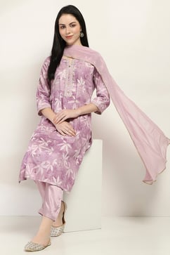 Mauve Cotton Floral Straight Suit Set image number 0