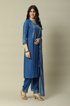 Blue LIVA Straight Printed Kurta Palazzo Suit Set image number 6