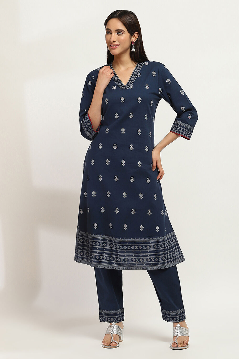 Navy Blue Cotton Printed Straight Kurta Set image number 6