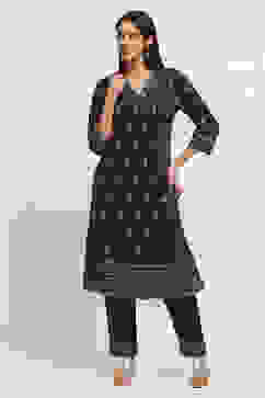 Navy Blue Cotton Printed Straight Kurta Set image number 6