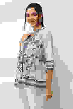 Blue Cotton Floral Printed Flared Top image number 2