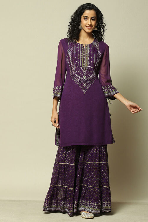Purple Polyester Straight Printed Kurta Sharara Suit Set image number 6