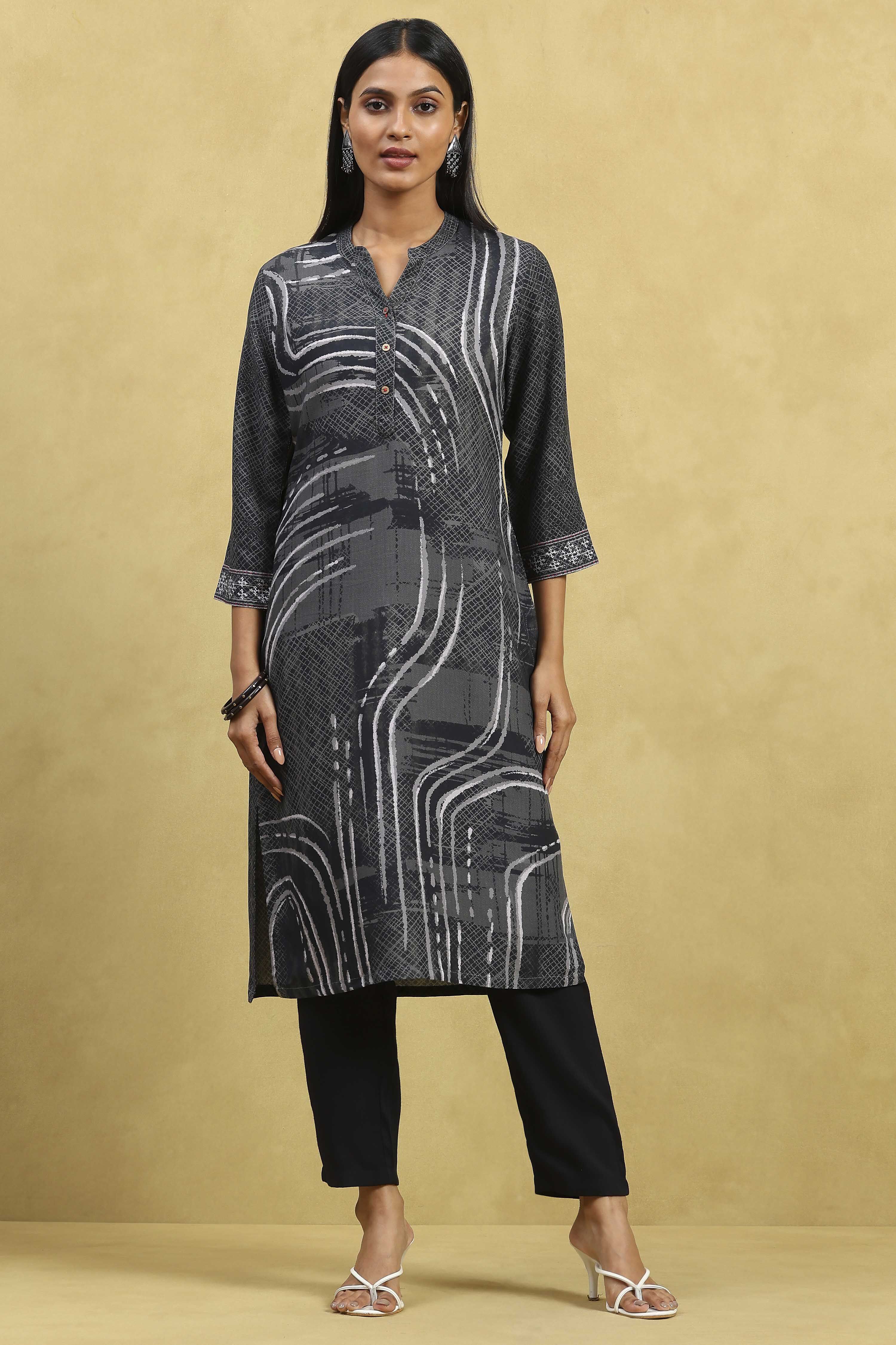 Grey Viscose Rayon Printed Straight Kurta image number 5
