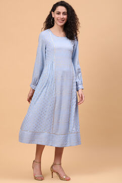 Blue Viscose Rayon Flared Dress image number 3